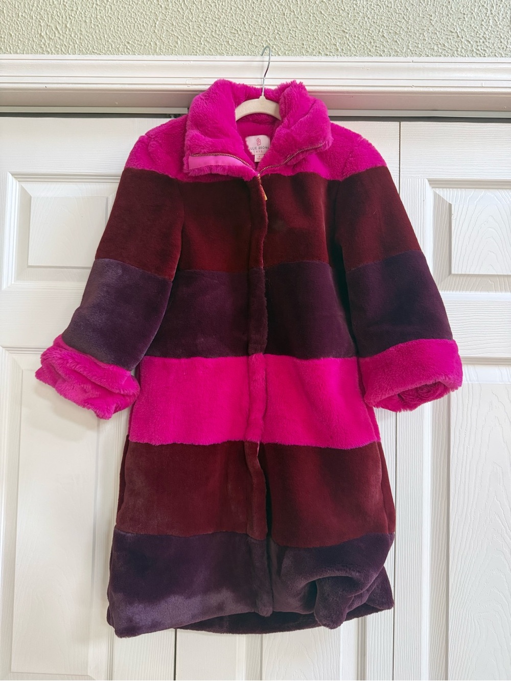 JB by Julie Brown Women’s Plush Colorblock Faux Fur Coat in Hot Pink & Burgundy
